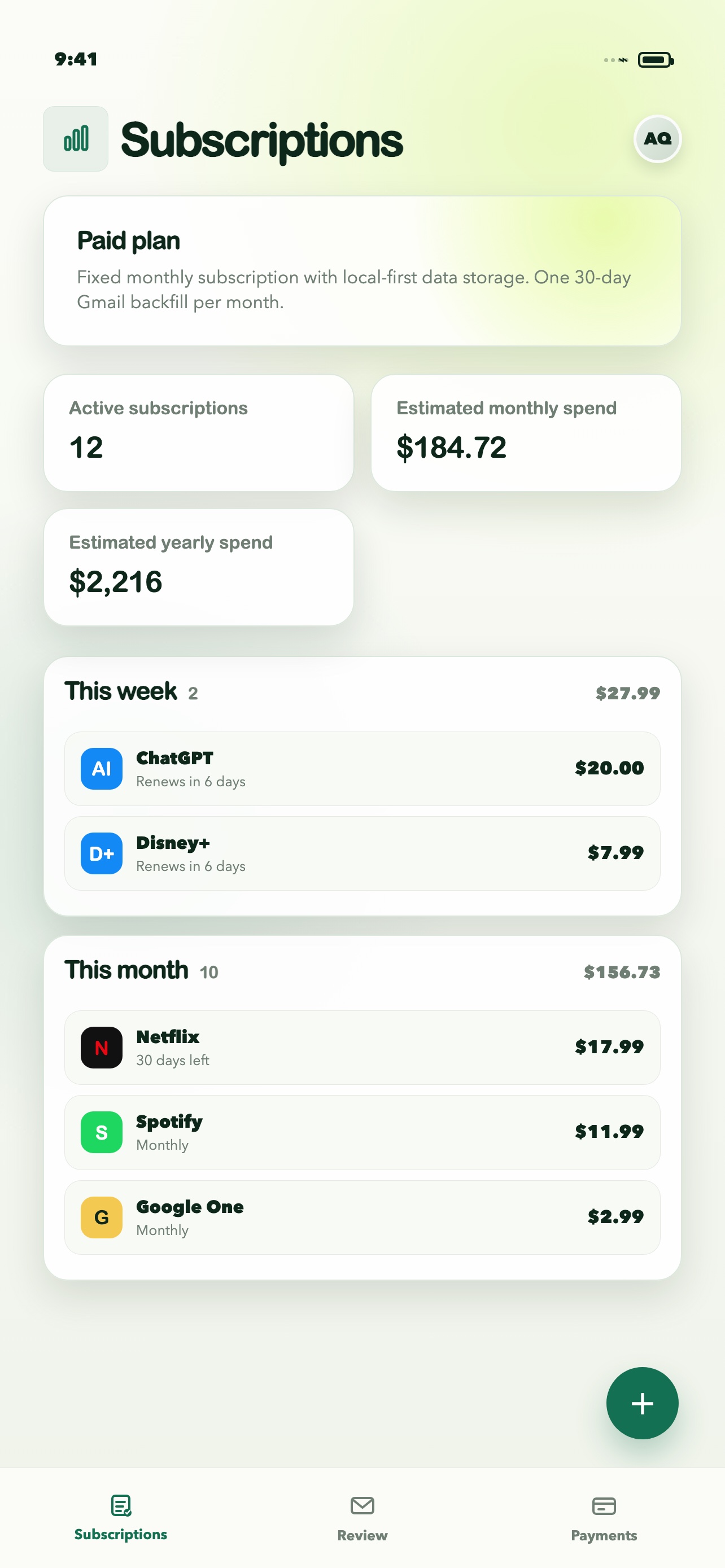 Paynary subscriptions dashboard showing recurring payments and upcoming renewals